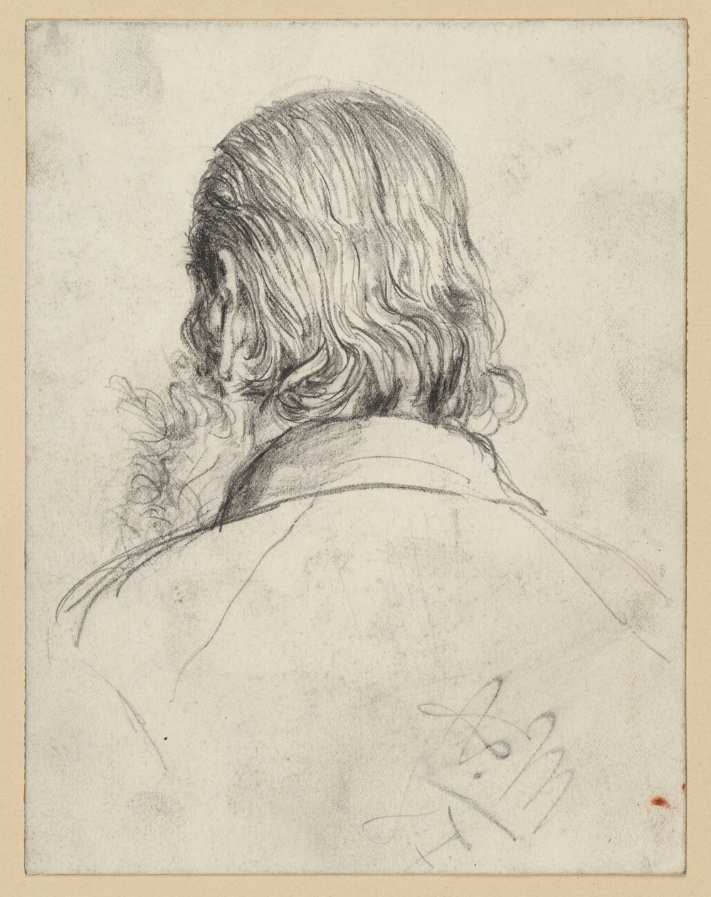 Cabeza barbuda con cabello largo, vista desde atrás de Adolph Menzel