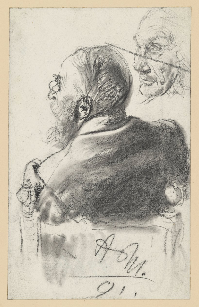 Hombre barbudo con quevedos sentado en un sillón, visto de espaldas, rostro de un anciano de Adolph Menzel
