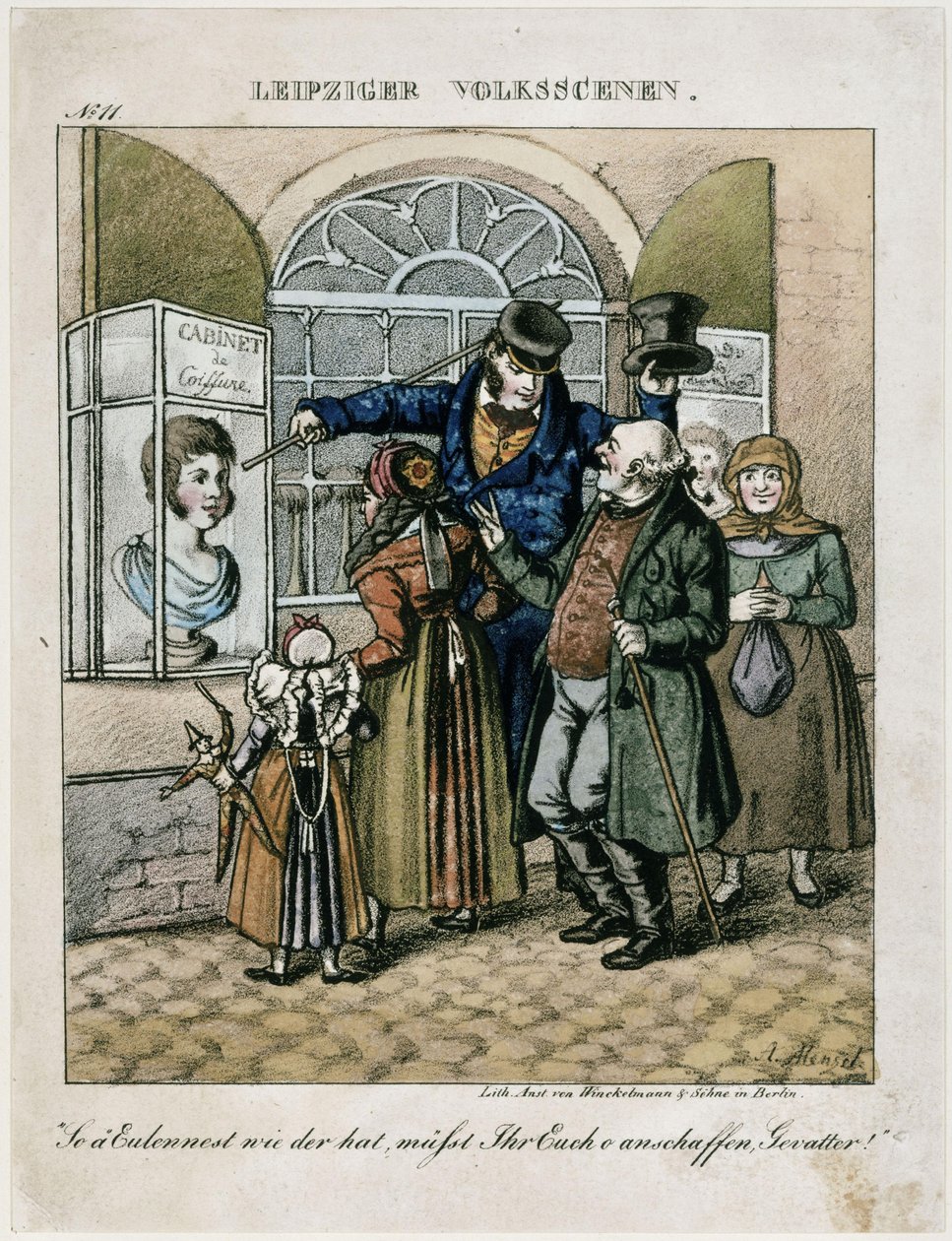 Campesinos ante el busto de cera de un peluquero. De: Escenas populares de Leipzig de Adolph Menzel