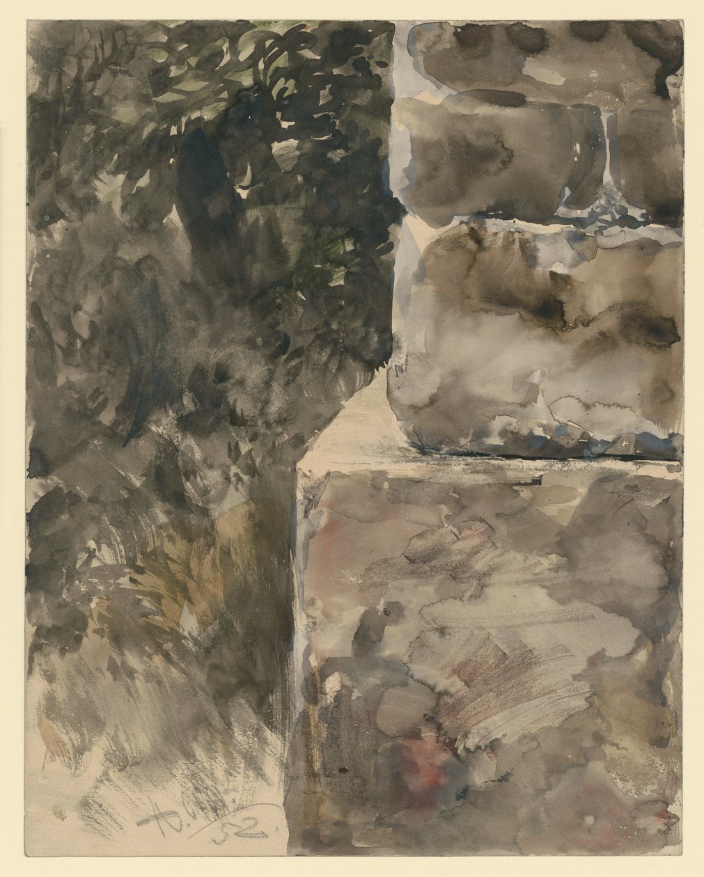 Follaje de árbol junto al pedestal de piedra de Adolph Menzel