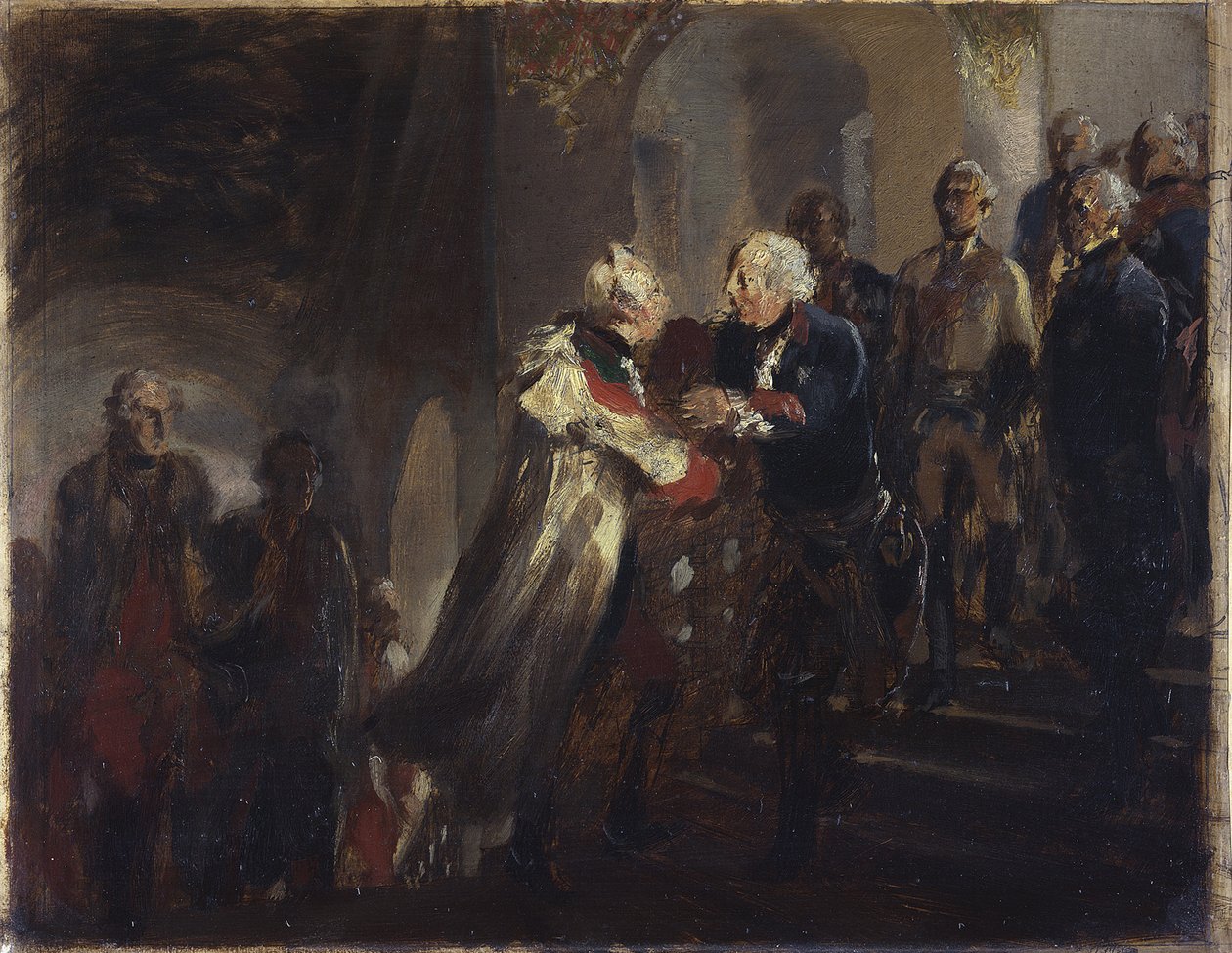 Encuentro de Federico II con el emperador José II en Nysa en 1769. Boceto de Adolph Menzel