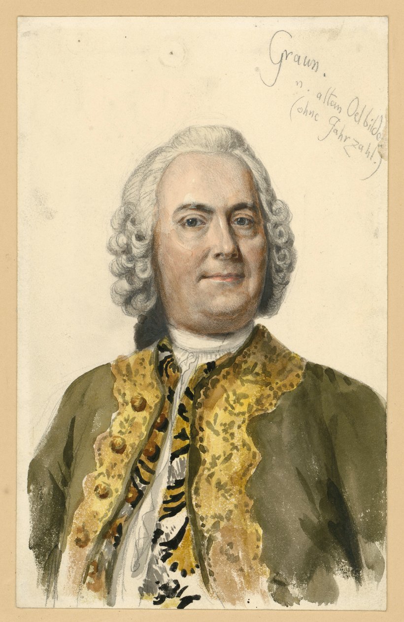 Retrato de Carl Heinrich Graun, compositor de la corte de Federico II; retrato de busto de frente basado en el cuadro de Andreas Möller, con anotaciones de Adolph Menzel