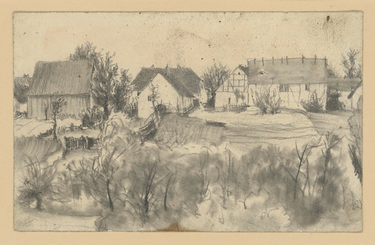 Vista de graneros y casas de campo, con árboles bajos y matorrales en primer plano de Adolph Menzel