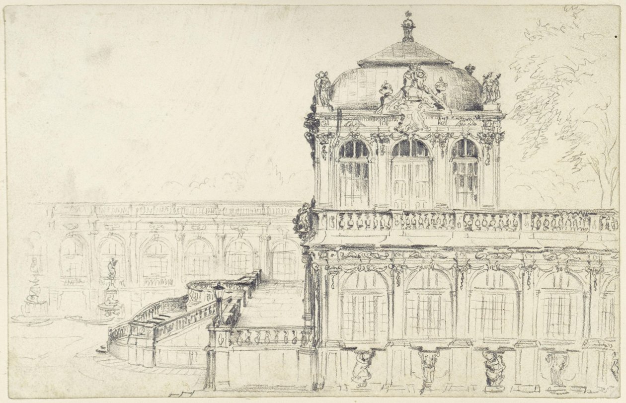 Vista del lado estrecho del Salón de Matemáticas y Física y de la Galería Larga Oriental en el Zwinger de Dresde de Adolph Menzel