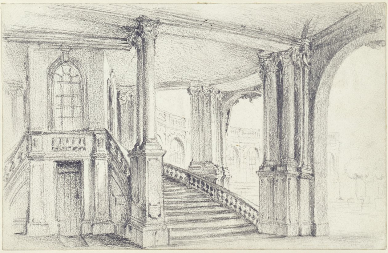Vista desde el pabellón municipal hacia la galería de arcadas del sureste del Zwinger, en Dresde de Adolph Menzel
