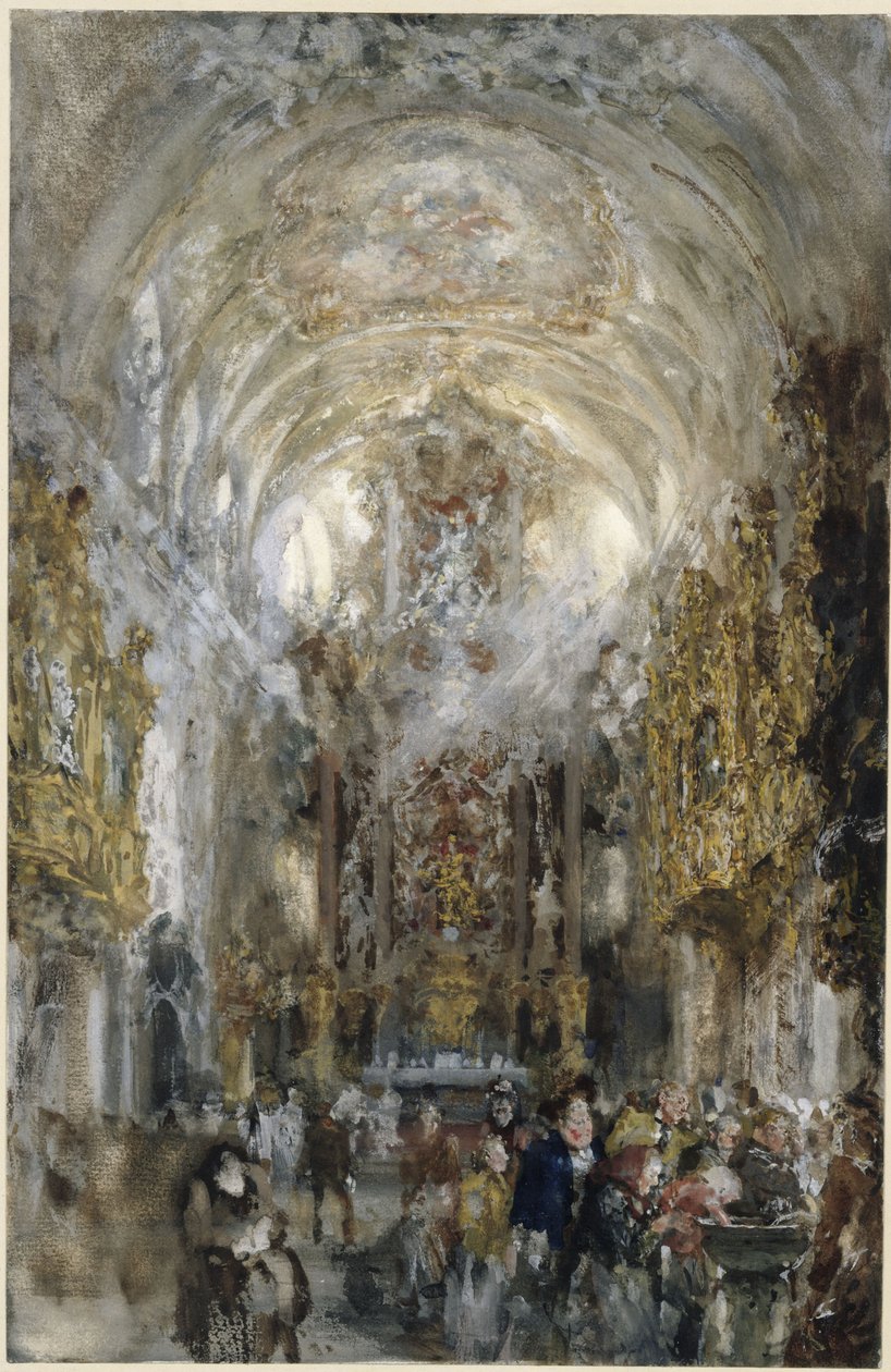 Vista de la colegiata de Nuestra Señora en la Antigua Capilla de Ratisbona, con personas junto a la pila de agua bendita en primer plano a la derecha de Adolph Menzel