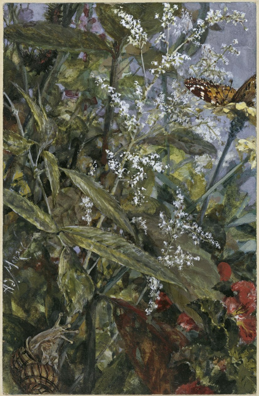 Flores con una mariposa y un caracol. Del «Álbum infantil» de Adolph Menzel