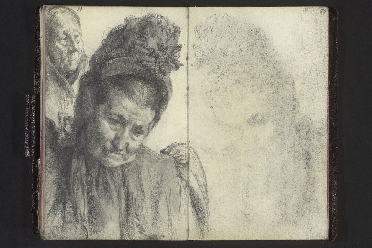 Retrato de busto de una anciana con sombrero, cabeza de mujer con pañuelo de Adolph Menzel