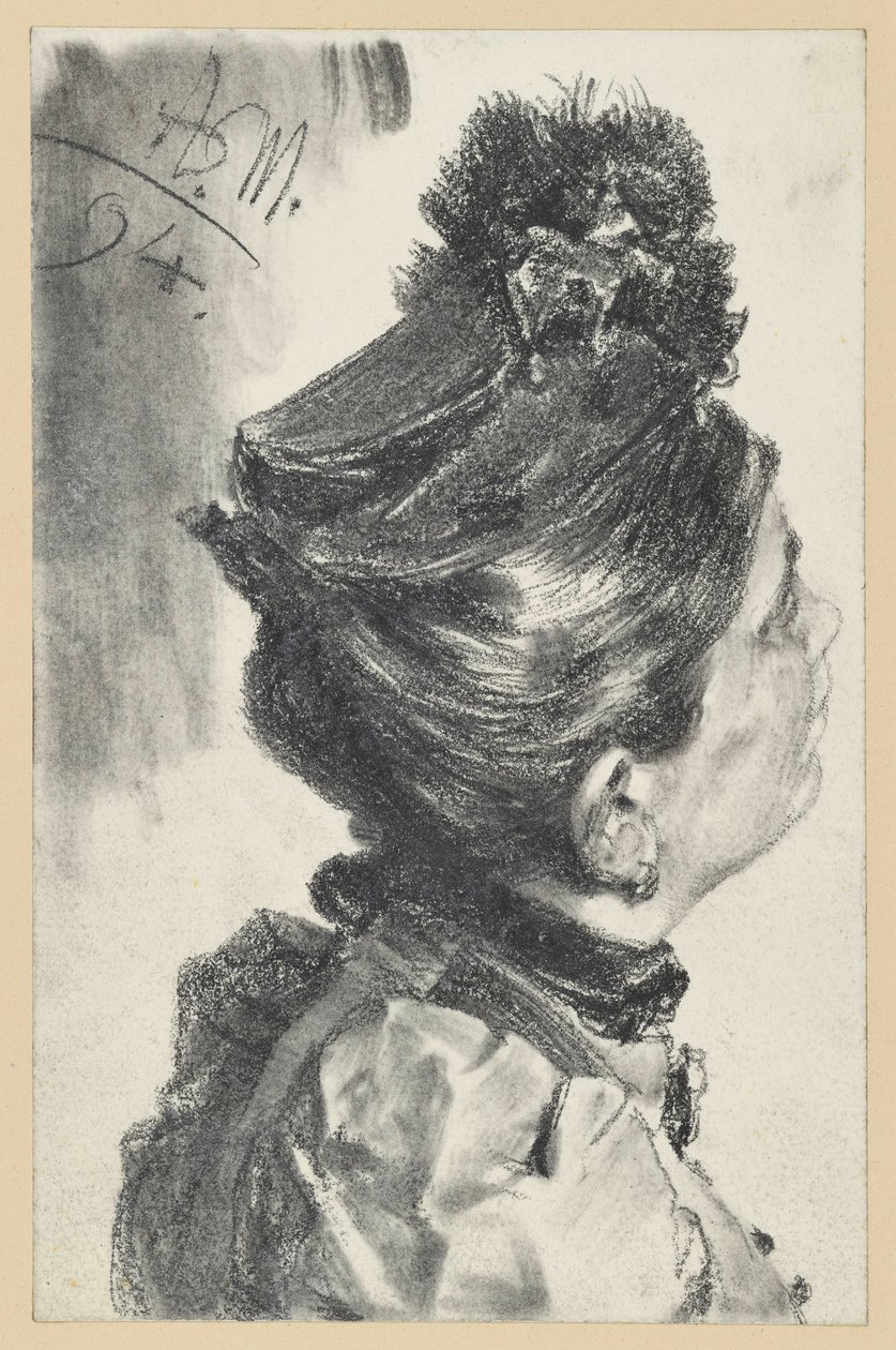 Retrato de busto de una dama con sombrero mirando hacia arriba, orientada a la derecha de Adolph Menzel