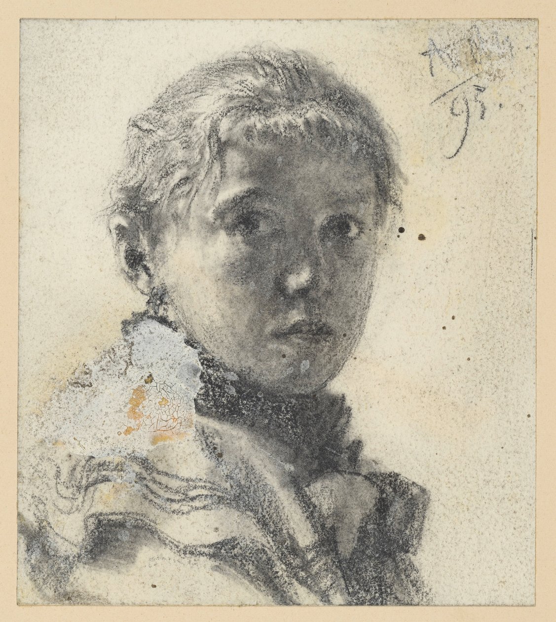 Retrato de busto de una niña hacia la derecha, con la cabeza vuelta hacia el espectador de Adolph Menzel
