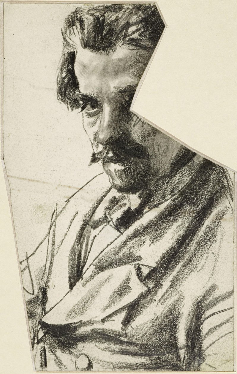 Retrato de busto de un hombre con barba, mirando hacia la izquierda, con la cabeza girada hacia el espectador de Adolph Menzel