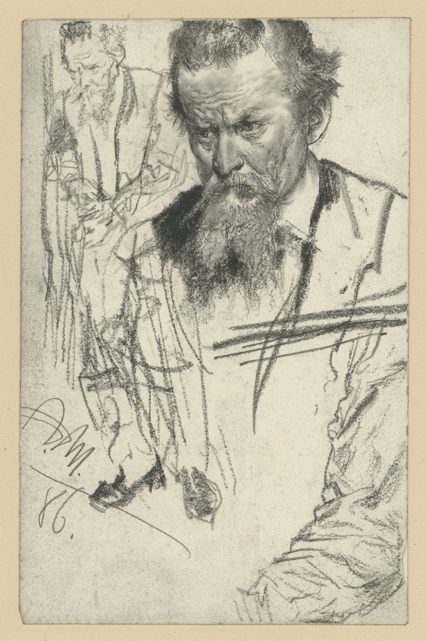 Busto de un hombre con bigote de manillar, ligeramente inclinado hacia la izquierda, a la izquierda: un hombre de pie mirando a la izquierda, a la derecha: estudio de una manga de Adolph Menzel