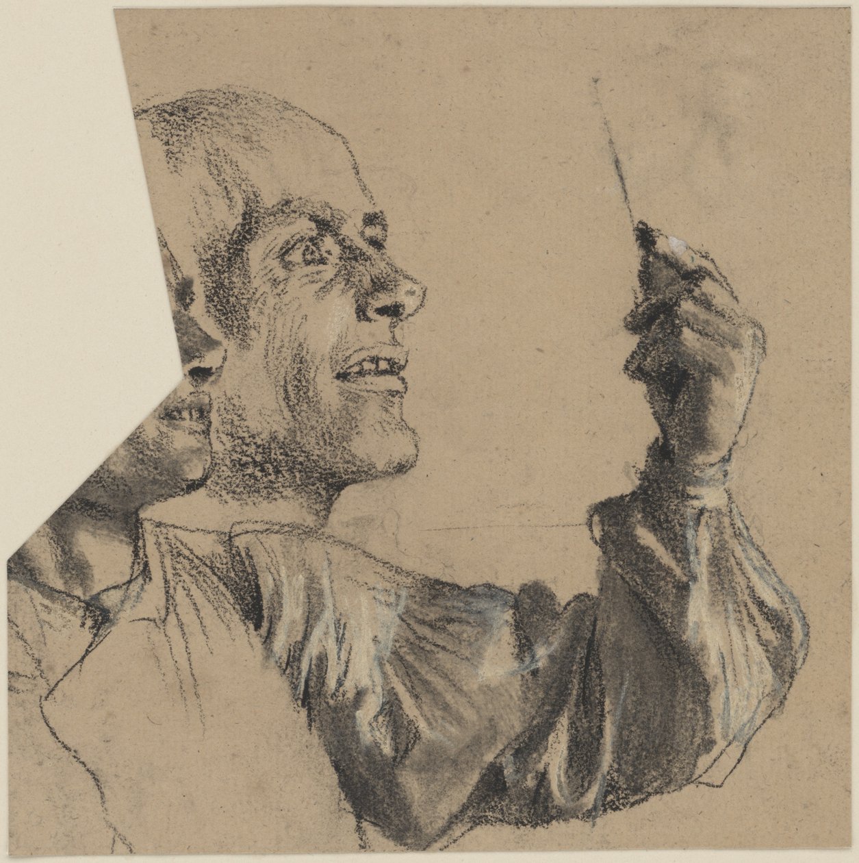 Busto de un hombre con cabello escaso, perfil del rostro y brazo izquierdo. Estudio de un rostro de Adolph Menzel