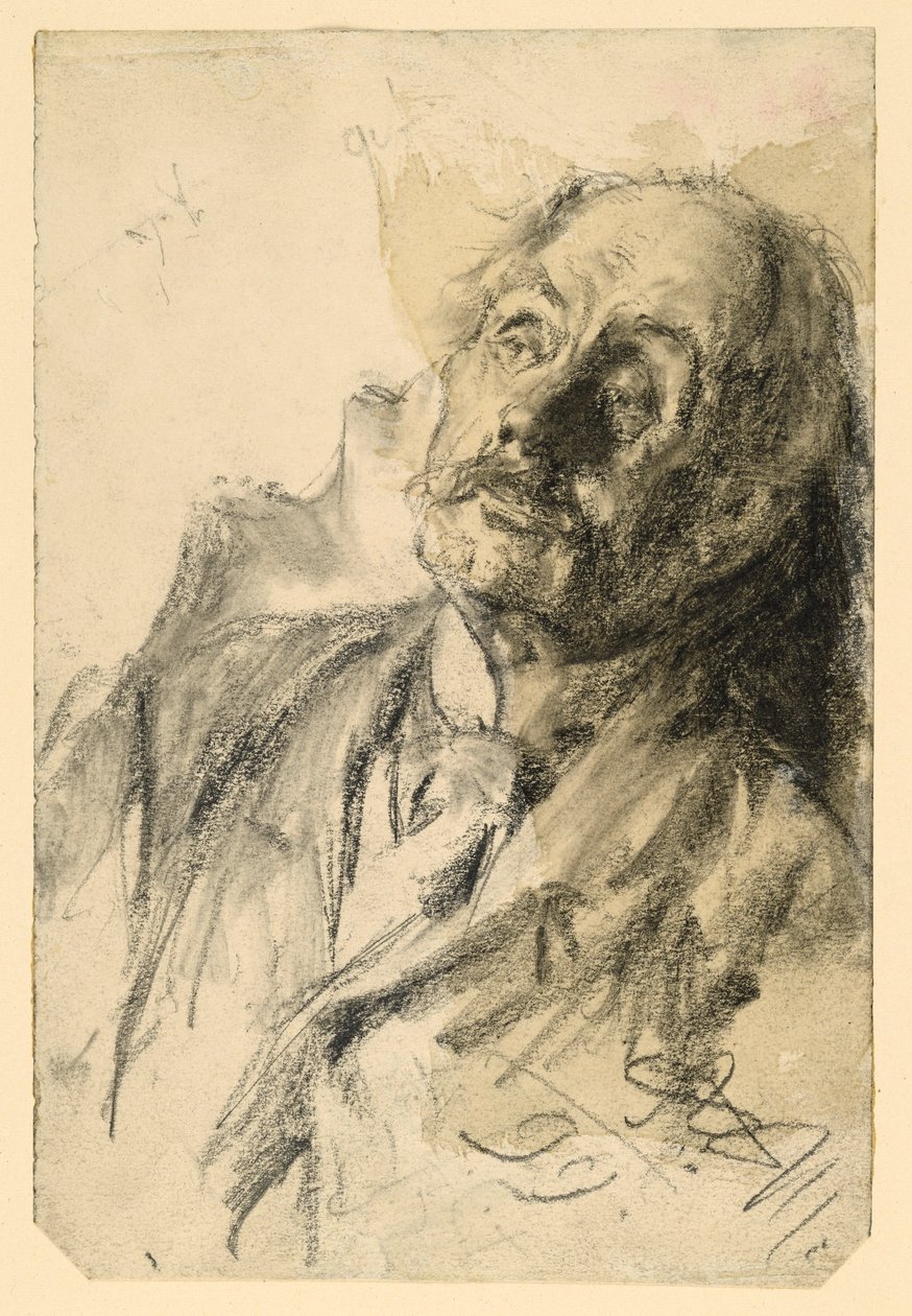 Retrato de medio cuerpo de un hombre mayor con bigote, inclinado hacia la derecha de Adolph Menzel