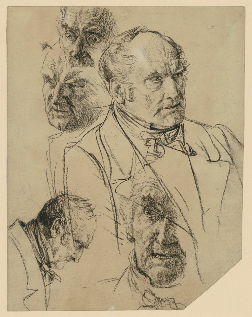 Busto de un hombre mayor mirando hacia la derecha, cuatro estudios de cabeza de Adolph Menzel