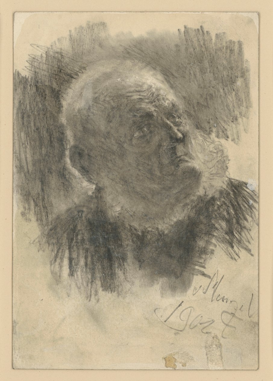 Retrato de busto de un anciano con gorra de albañil, mirando hacia arriba a la derecha de Adolph Menzel