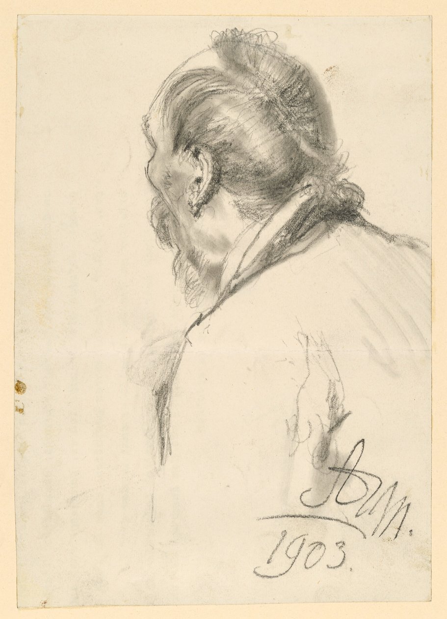 Retrato de busto de un hombre barbudo hacia la izquierda, visto medio de espaldas de Adolph Menzel
