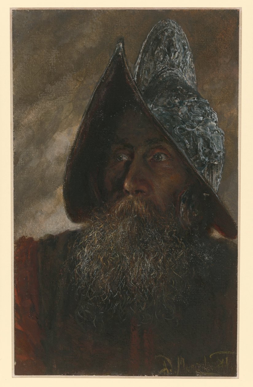 Busto de un soldado barbudo con casco, ligeramente vuelto hacia la izquierda de Adolph Menzel