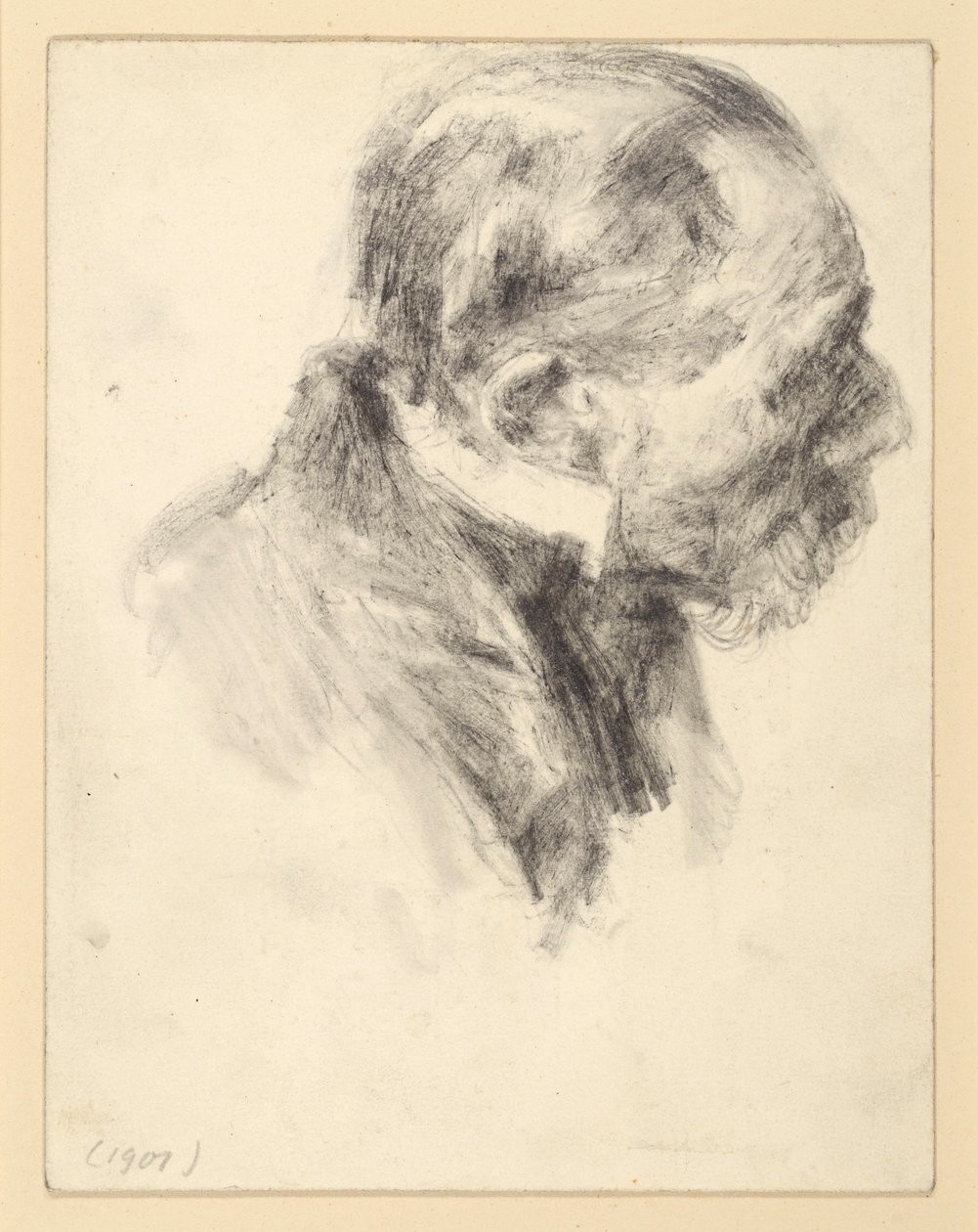 Retrato de busto de un hombre mayor barbudo con cuello alto, inclinado hacia delante, mirando a la derecha de Adolph Menzel