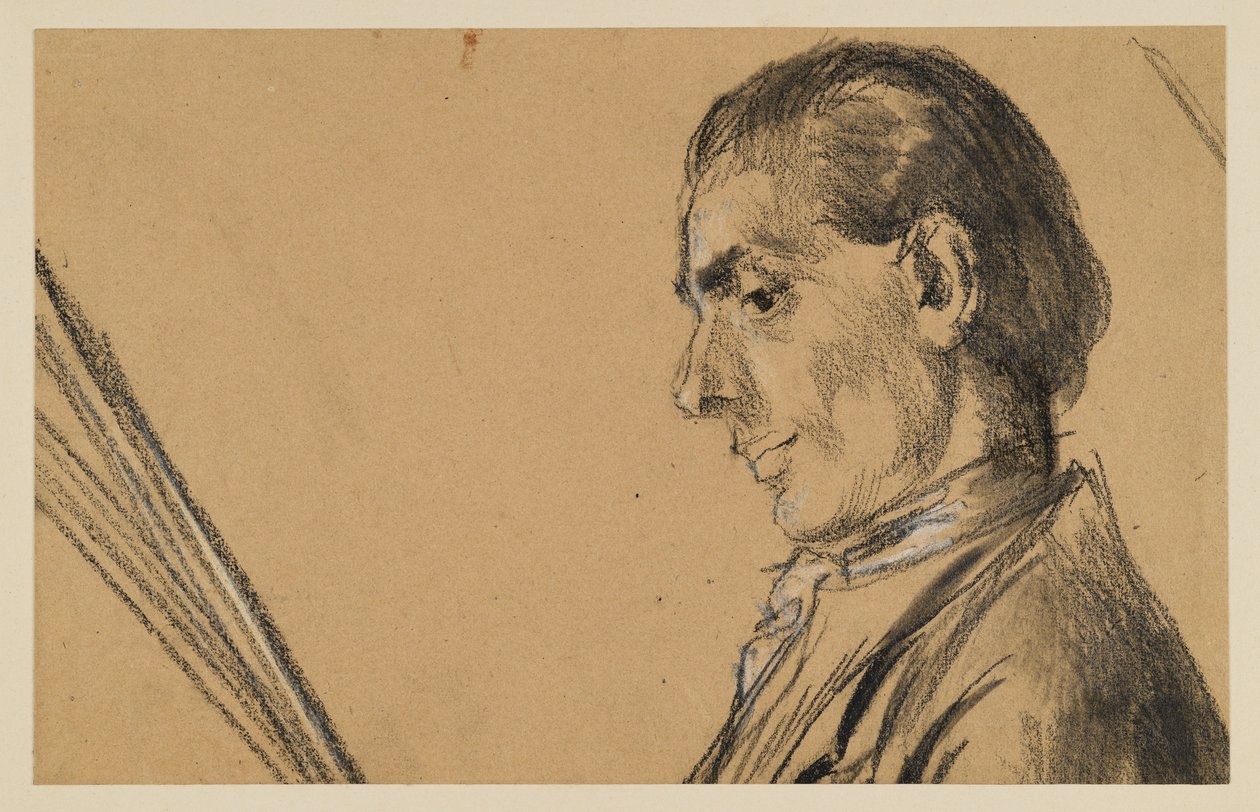 Retrato de busto de un joven con la mirada baja. Perfil hacia la izquierda. Boceto preparatorio para el cuadro «Concierto de flauta de Federico el Grande en Sanssouci». de Adolph Menzel