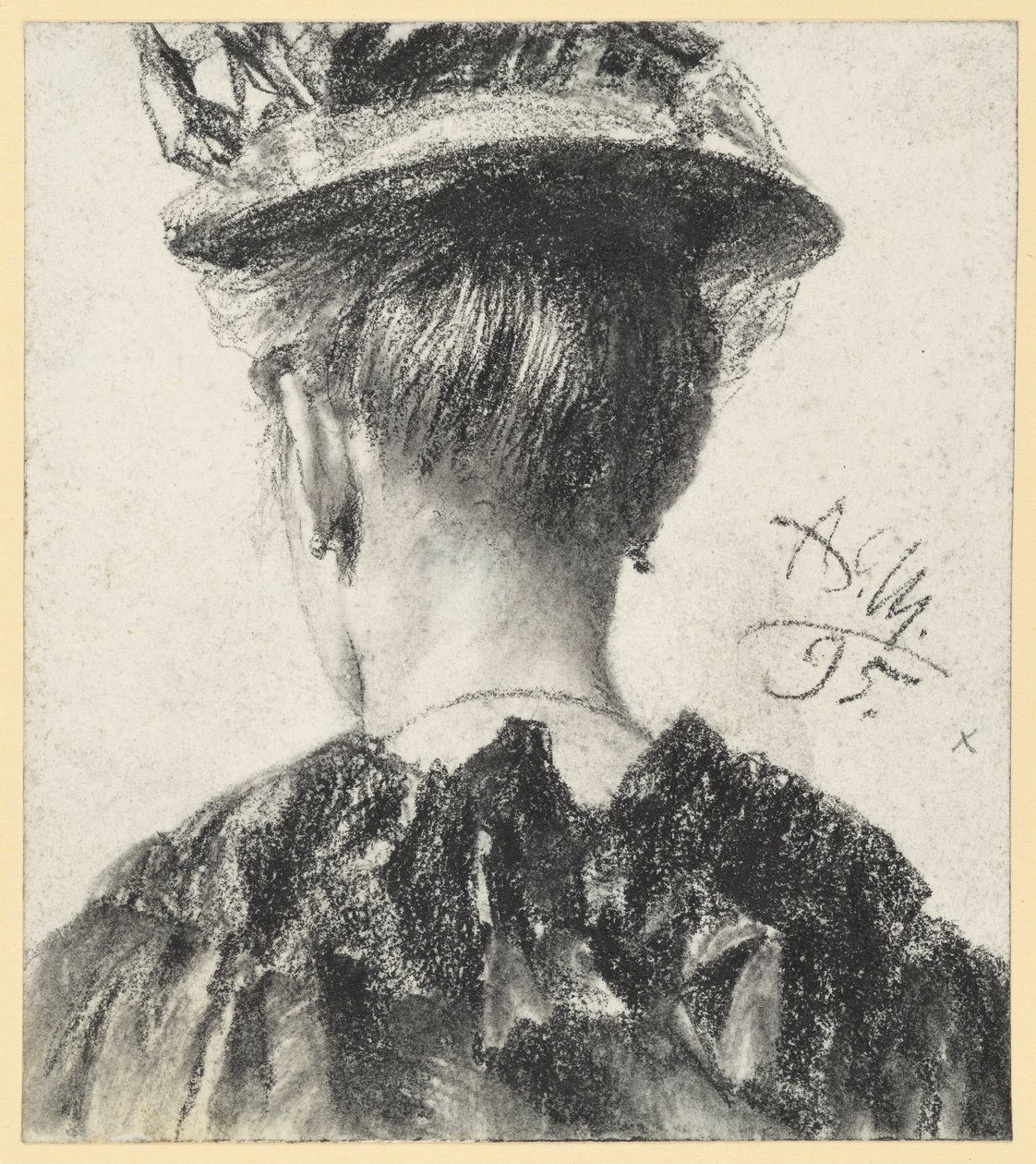 Busto de una mujer con sombrero, visto de espaldas de Adolph Menzel