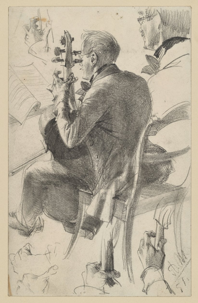 Violonchelista hacia la izquierda, visto medio de espaldas. Estudios de cabeza y manos. Estudio preparatorio para la pintura "Concierto de flauta de Federico el Grande en Sanssouci" de Adolph Menzel