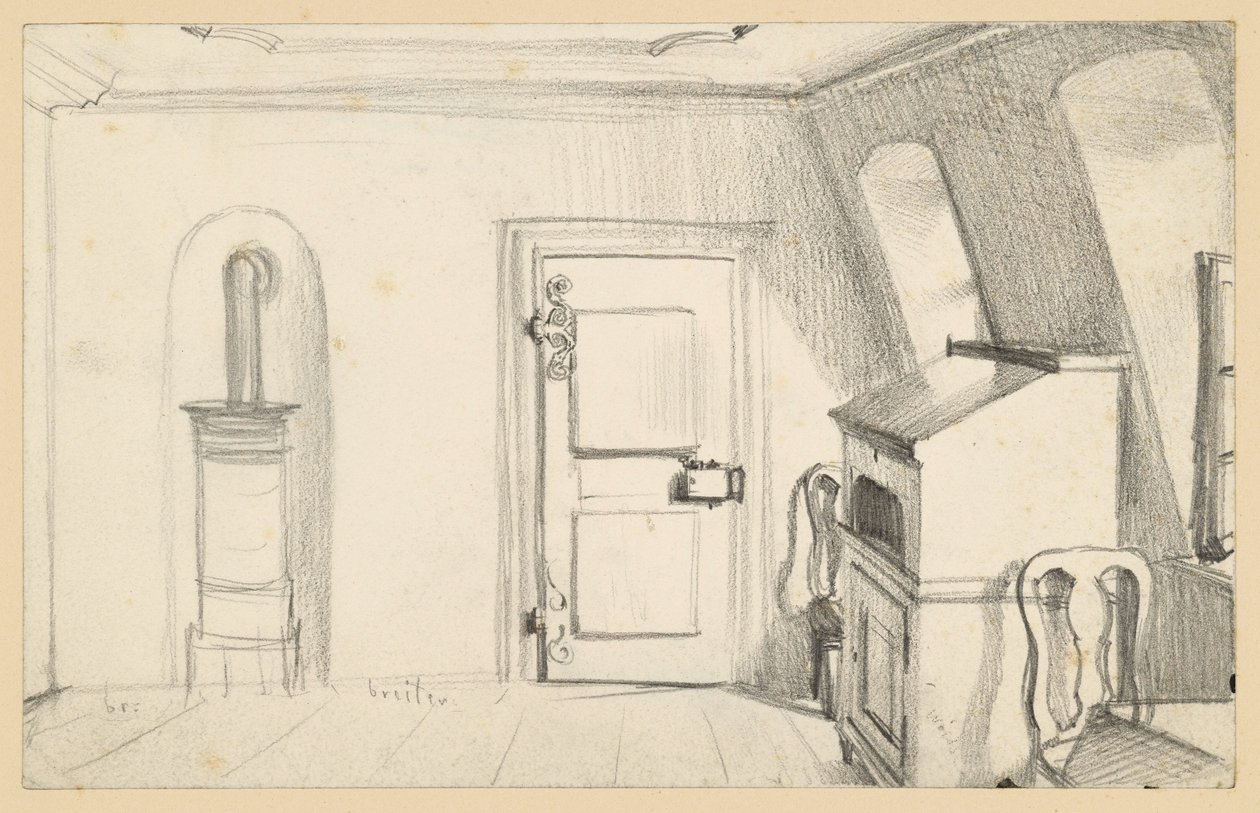 Habitación abuhardillada con estufa, puerta, escritorio y sillas en la Casa de Goethe, en Fráncfort del Meno de Adolph Menzel