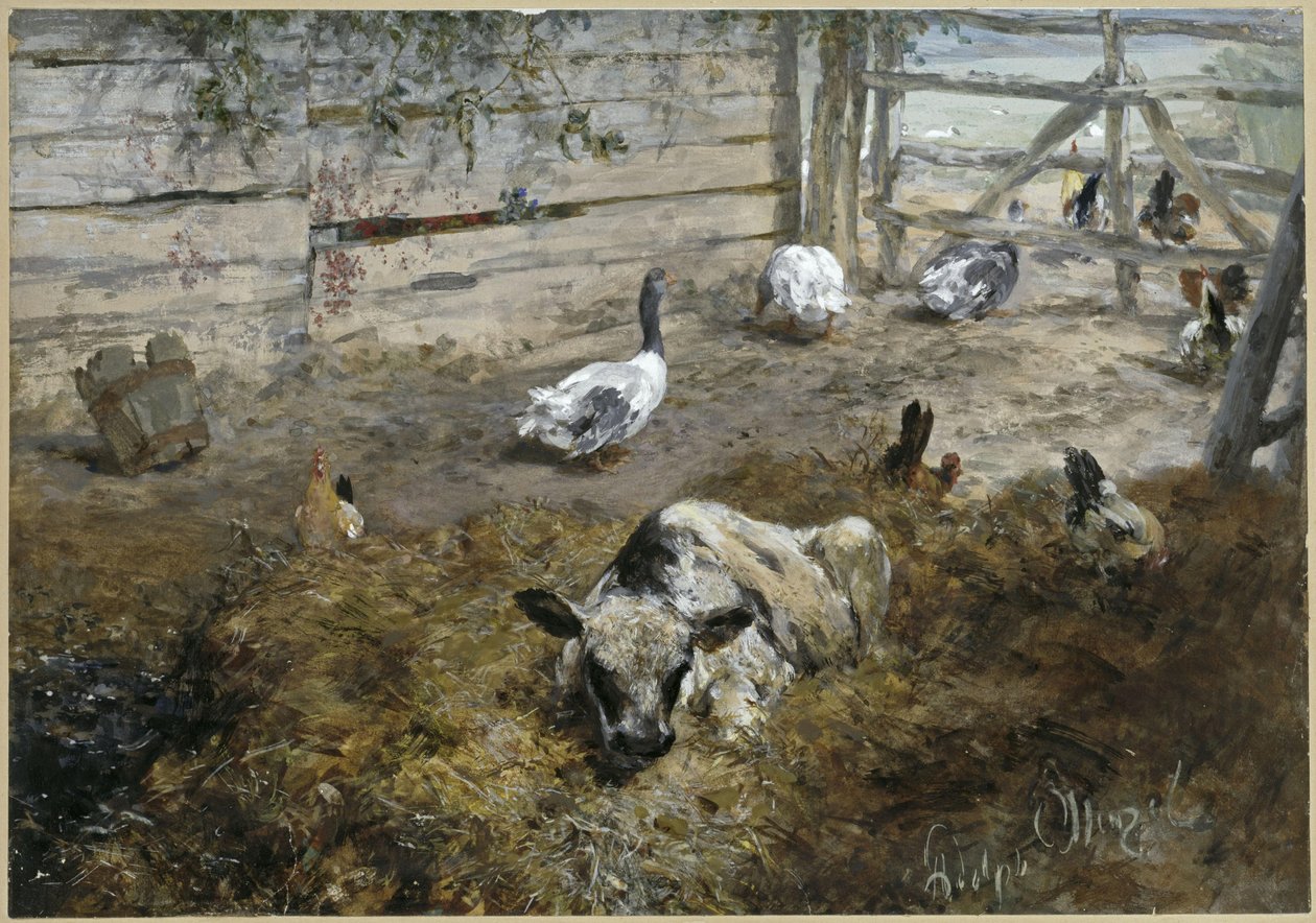 El ternero con las gallinas y los gansos. Del «Álbum infantil» de Adolph Menzel