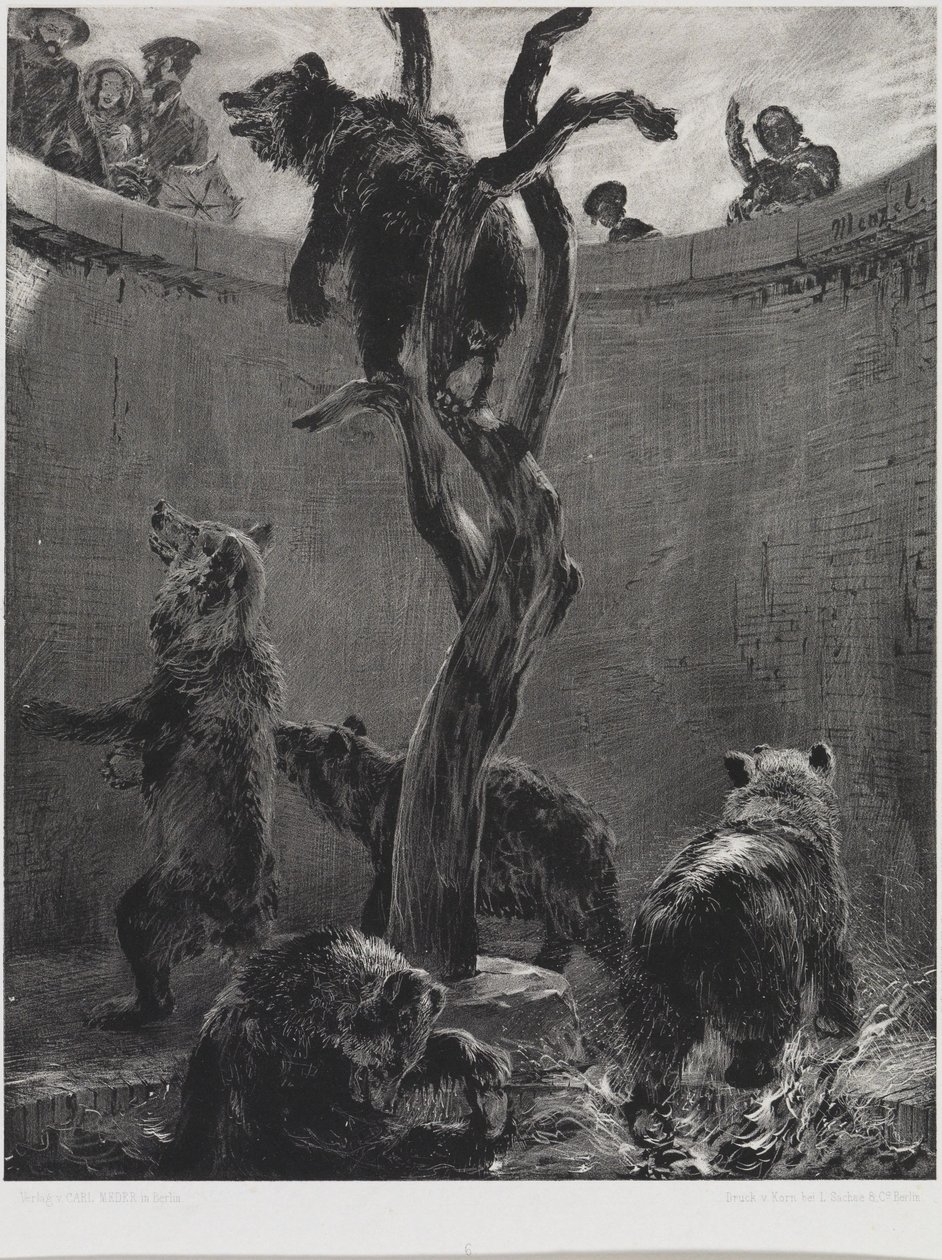 La jaula de los osos en el Jardín Zoológico de Adolph Menzel