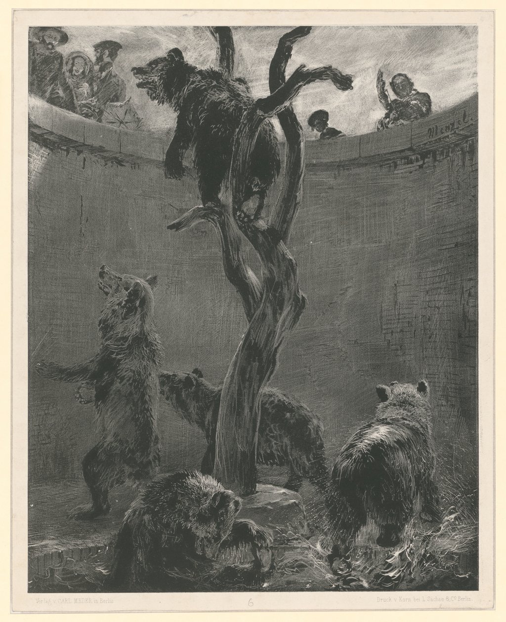 La jaula de los osos en el Jardín Zoológico. Lámina 6 de: «Experimentos con pincel y raspador», cuaderno 1 de Adolph Menzel