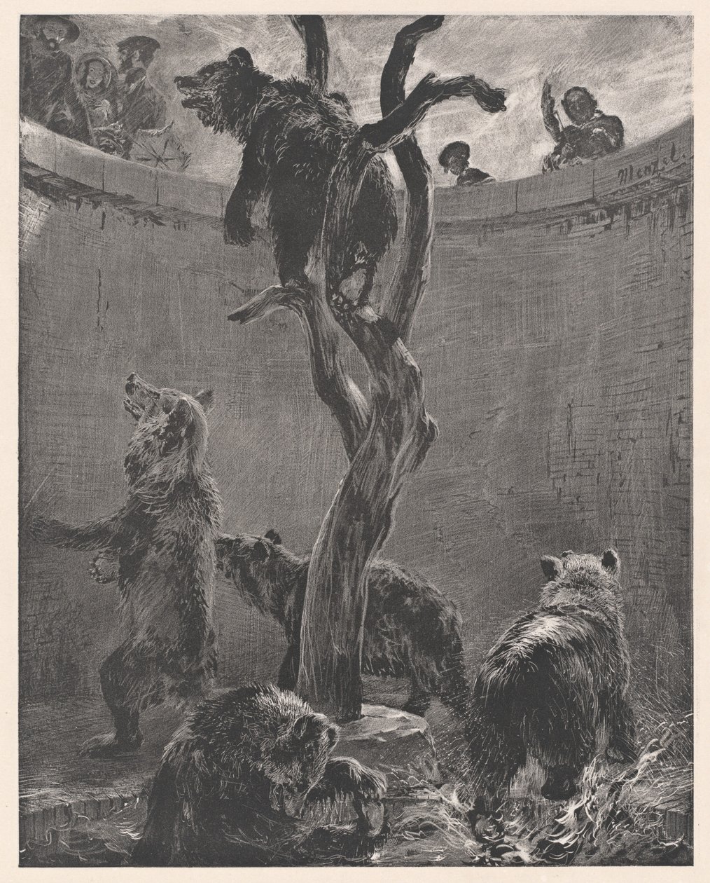 La jaula de los osos en el jardín zoológico (The Bear Pit in the Zoological Gardens) de Adolph Menzel