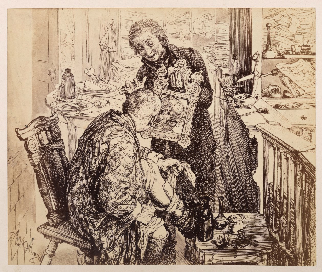 El escribano Licht encuentra al juez del pueblo Adam vendándose la pierna. Adam contempla su rostro magullado en el espejo que Licht le sostiene, en referencia a «La jarra rota», de Heinrich von Kleist. de Adolph Menzel