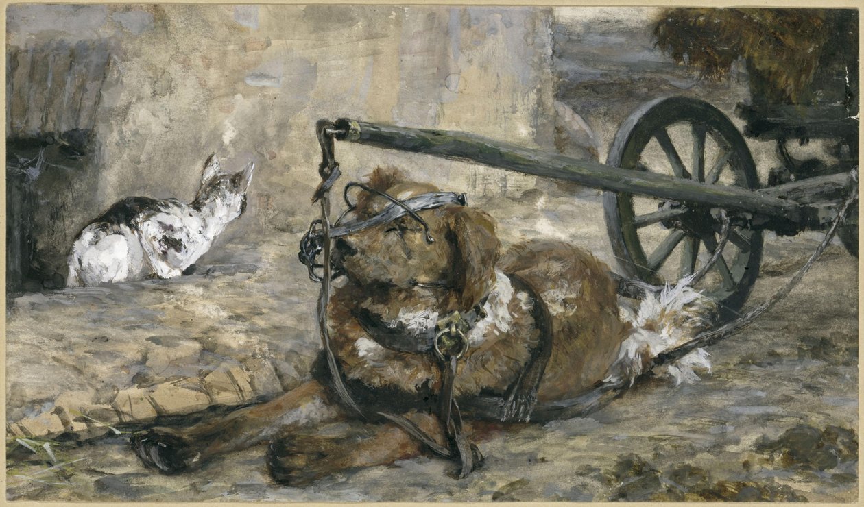El perro de muestra y el gato. Del "Álbum infantil" de Adolph Menzel