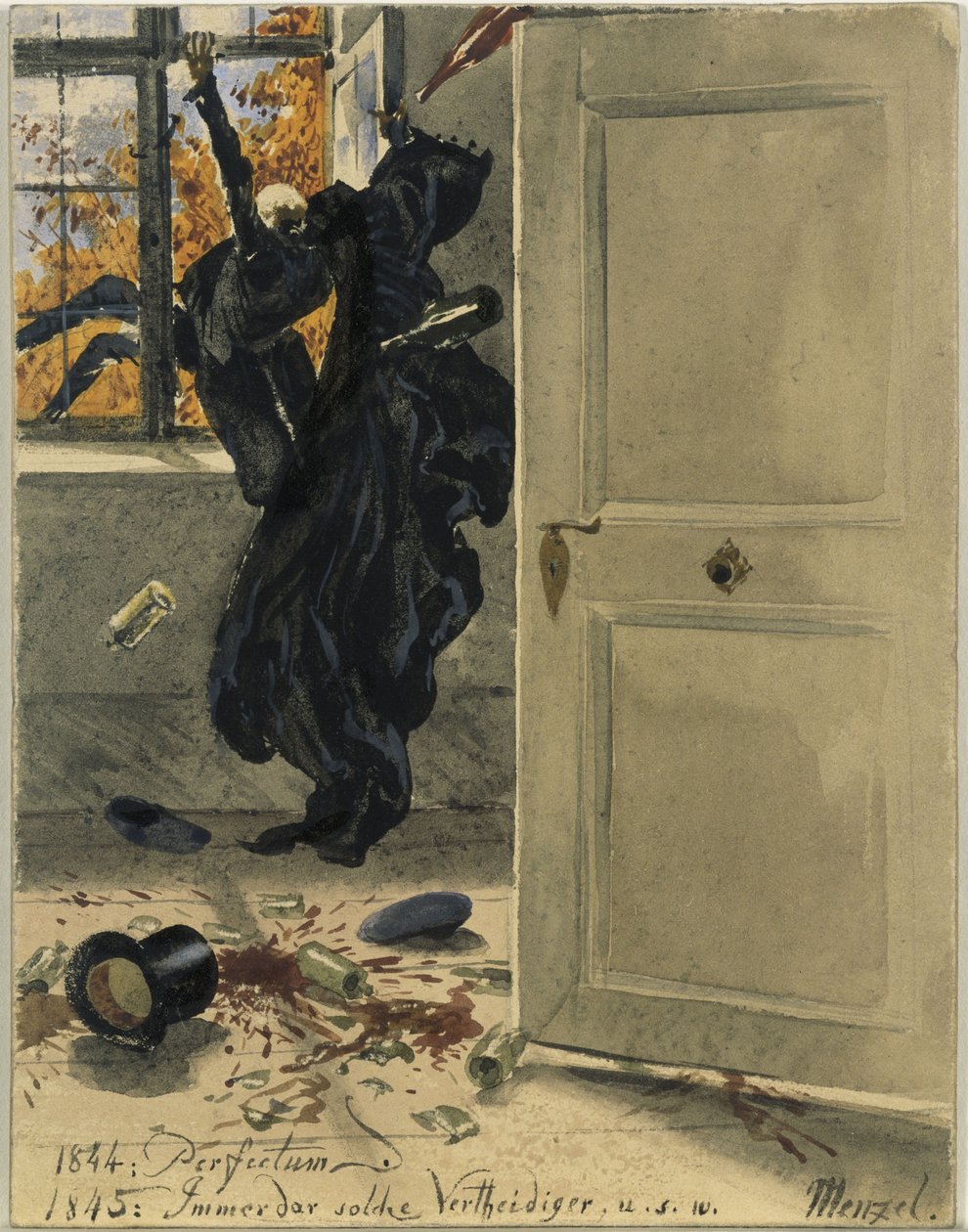 La muerte como invitada indeseada. 1844: «Perfectum»; 1845: «Siempre defensores como estos», etc. de Adolph Menzel