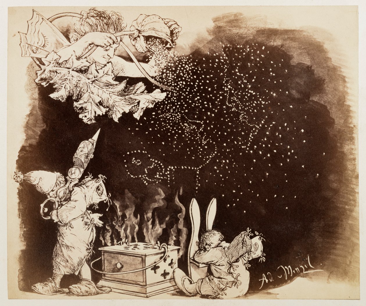 El dios de los sueños esparce semillas de amapola, sobre «La jarra rota», de Heinrich von Kleist de Adolph Menzel