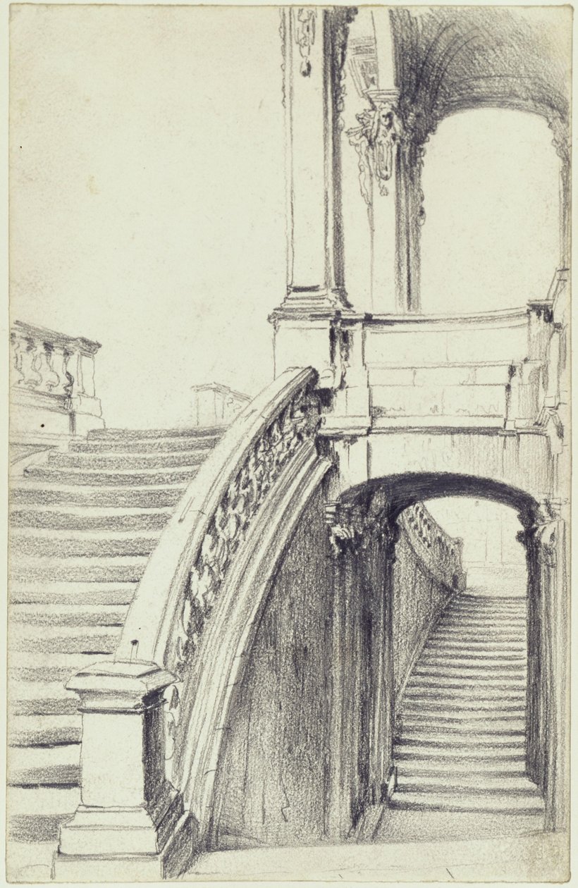 La escalera superior del pabellón de la muralla en el Zwinger de Dresde de Adolph Menzel