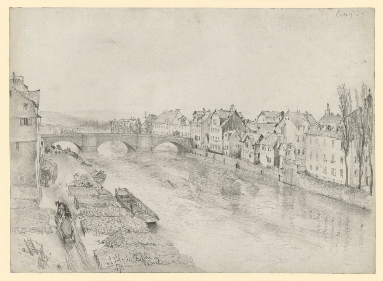El río Fulda en Kassel. Paisaje fluvial con un puente y casas de Adolph Menzel