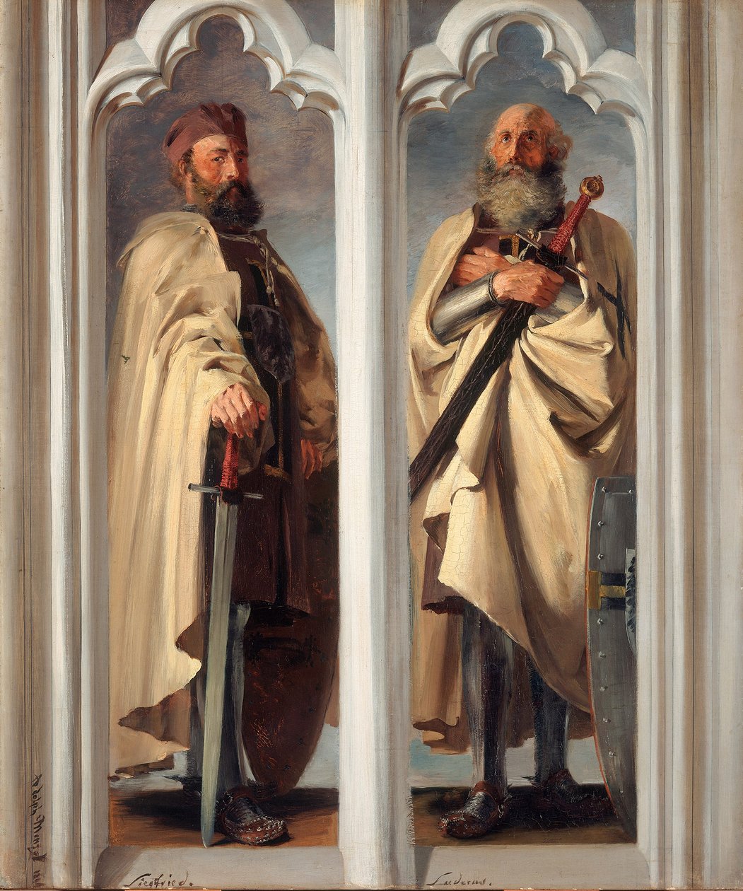 Los Grandes Maestros Siegfried von Feuchtwangen y Ludger von Braunschweig. Bocetos para cuadros del castillo de Marienburg de Adolph Menzel