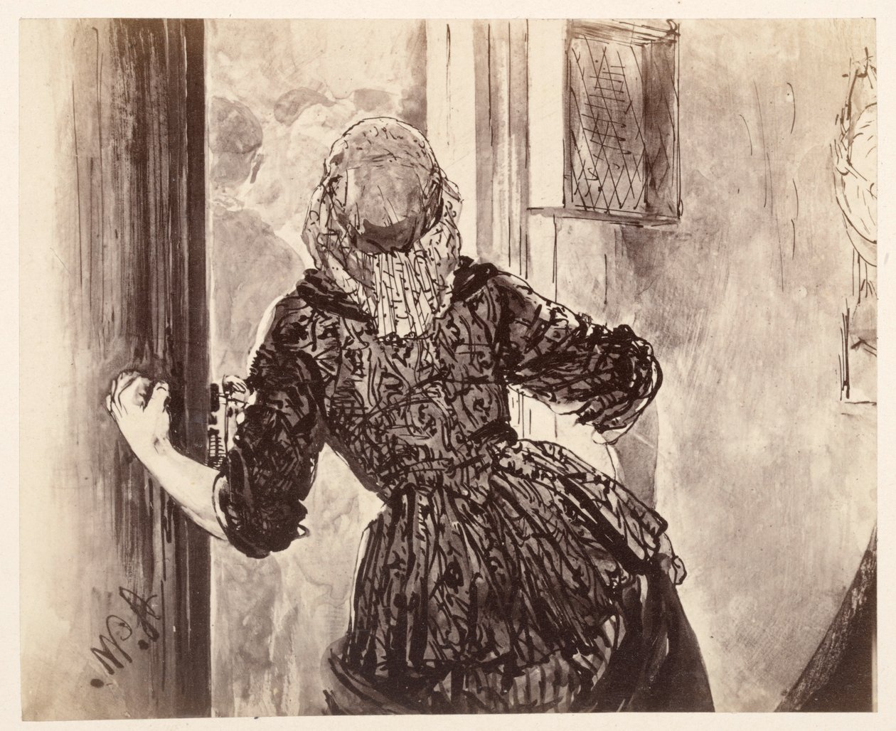 La criada entra al oír que Adam llama; vista de espaldas, con la puerta a su derecha y la mano en el pomo, en «La jarra rota», de Heinrich von Kleist. de Adolph Menzel