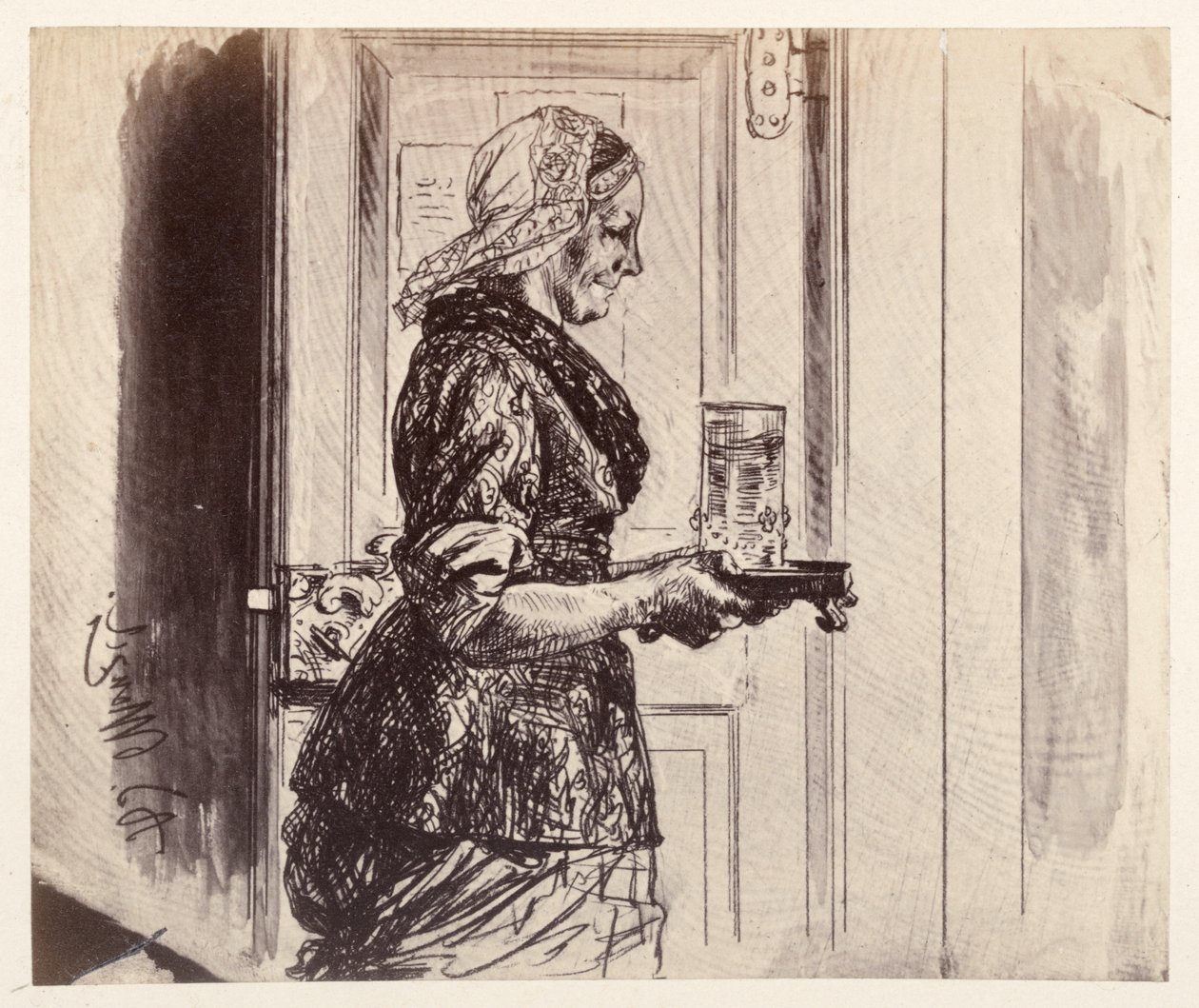 La criada entra en la sala del tribunal con el vaso de agua que le ha pedido Adam, en «La jarra rota», de Heinrich von Kleist. de Adolph Menzel