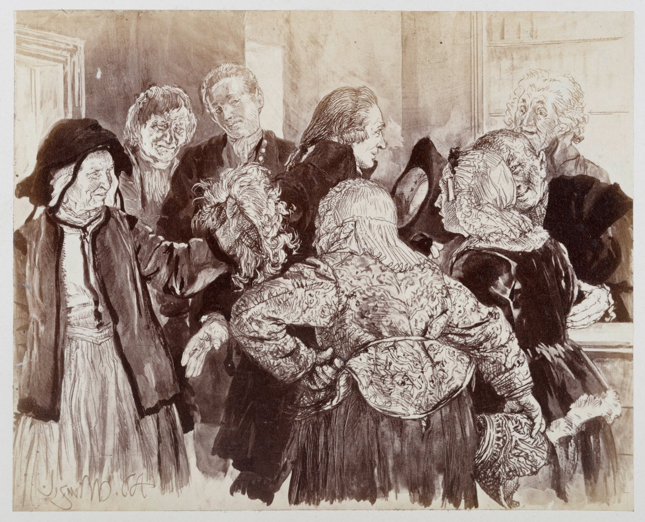 La vieja Brigitte con peluca en la sala del tribunal. Licht, con el sombrero en la mano, se abre paso entre las partes para presentar a la anciana al consejero de justicia, para "El cántaro roto" de Heinrich von Kleist de Adolph Menzel