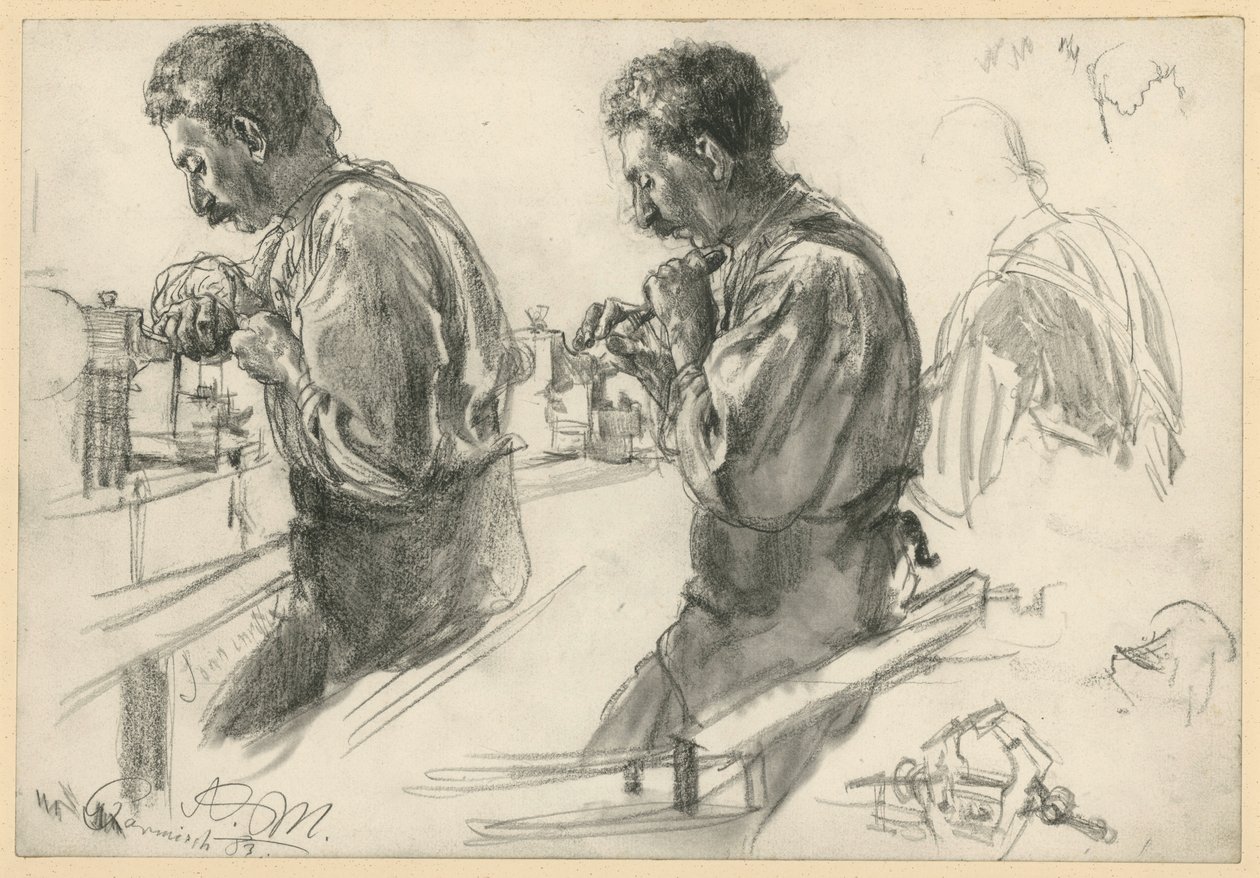 Tornero en el banco de trabajo, dos bocetos y detalles de Adolph Menzel