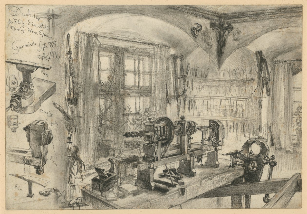 Taller de torneado en Garmisch, con detalles de Adolph Menzel