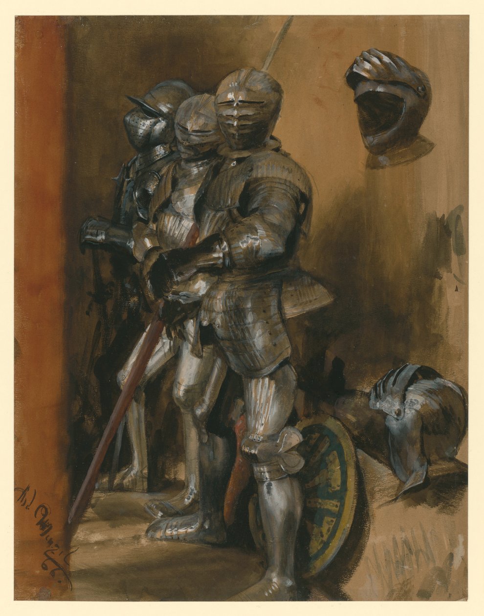 Tres armaduras y dos cascos de Adolph Menzel