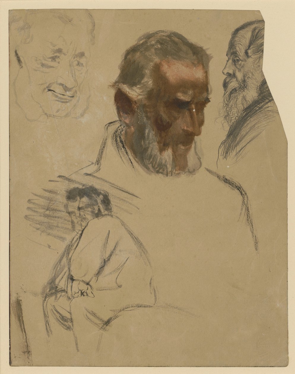 Tres estudios de cabezas barbudas y estudio de medio cuerpo de un hombre sentado hacia la izquierda de Adolph Menzel