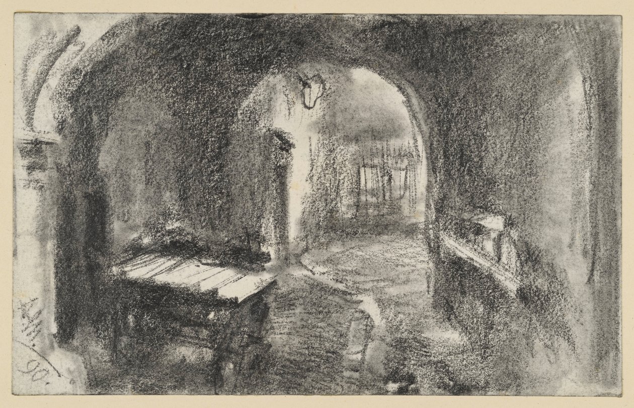 Pasillo abovedado y oscuro, con una carretilla al fondo de Adolph Menzel