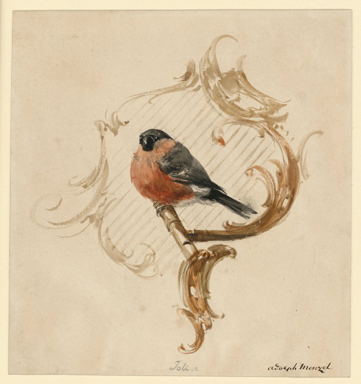 Un camachuelo sobre una percha ante una rocalla de Adolph Menzel