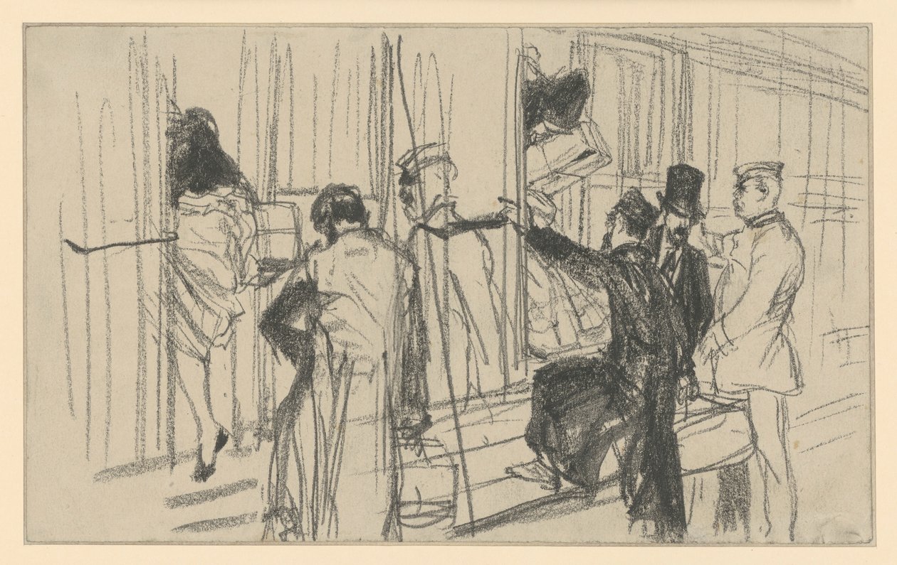 Viajeros de tren subiendo y revisor. Escena de andén de Adolph Menzel