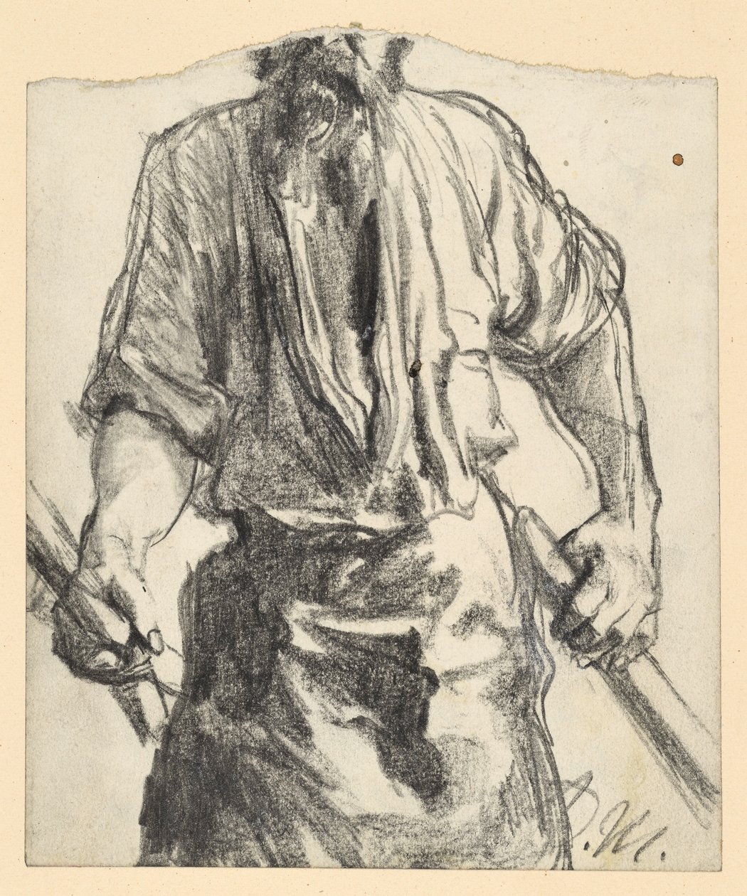 Trabajador del hierro con un delantal de piel y palos en las manos. Estudio para «La fábrica de laminación de hierro. Cíclopes modernos» de Adolph Menzel