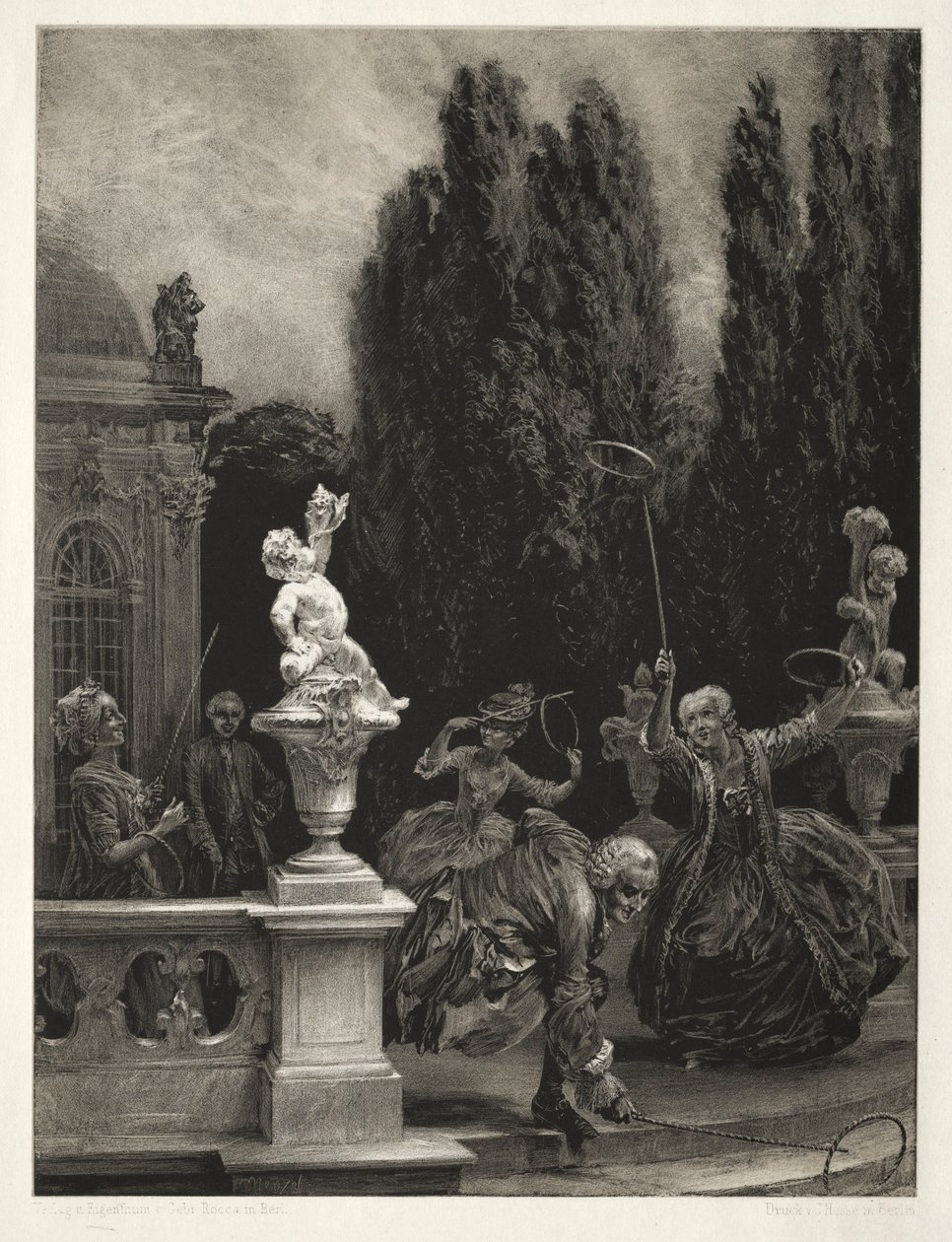 Ensayo sobre piedra con pincel y raspador: Jugando a los aros en la terraza del castillo, 1851 de Adolph Menzel